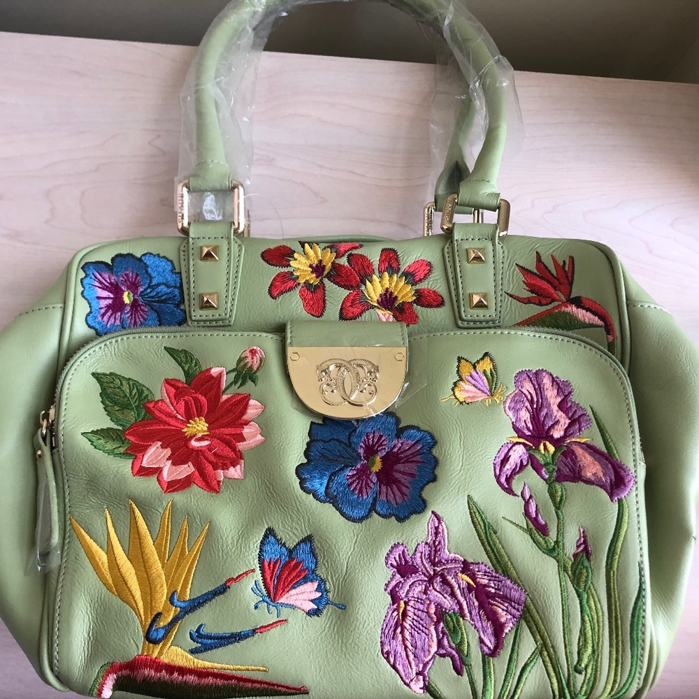 Sale! New Sharif Celadon Green Genuine Leather Embroidered Floral Bag